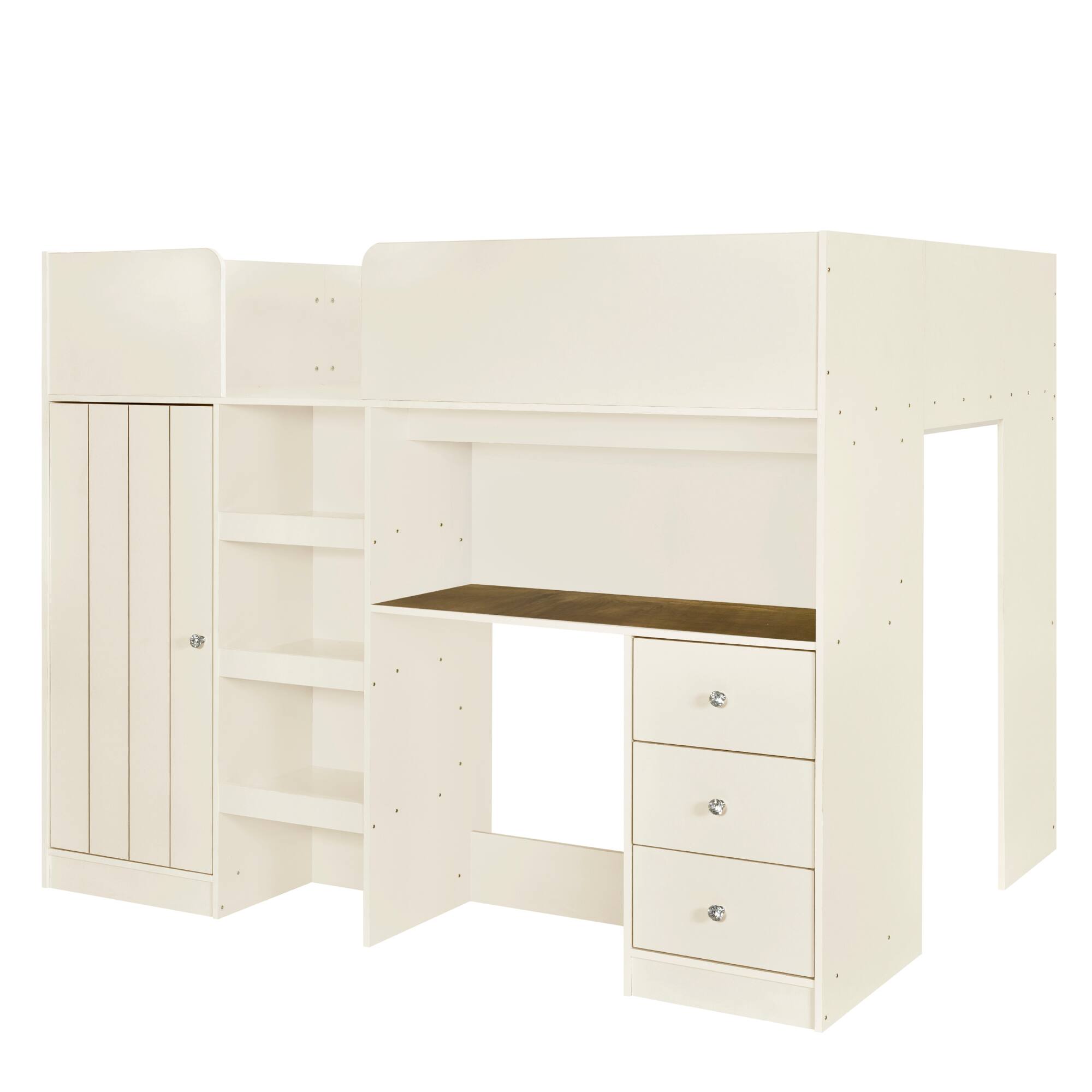 Back. Whisen - Full Size Loft Bed with Desk, Wardrobe, Storage Shelves, Drawers and Full-Length Guardrails for Bedroom - Beige.