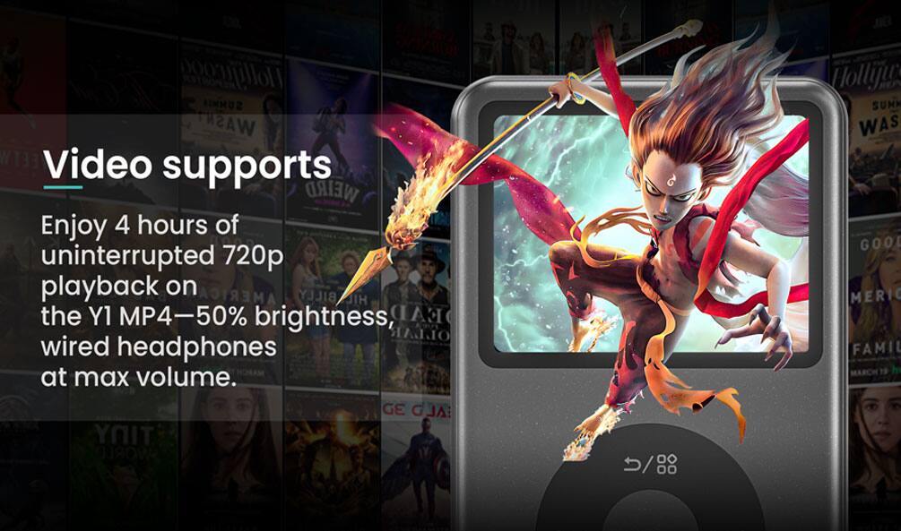 Video supports  
Enjoy 4 hours of uninterrupted 720p playback on the Y1 MP4—50% brightness, wired headphones at max volume.