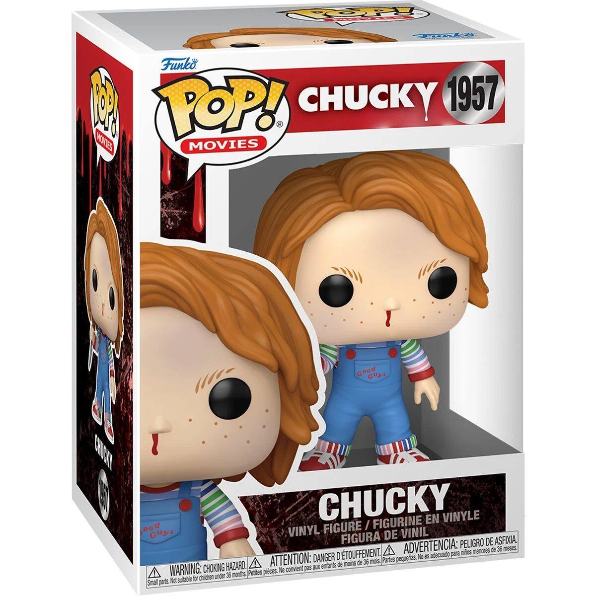 Sure, here is the corrected and grouped text from the image:

---

**Funko POP! MOVIES**

**CHUCKY 1957**

**CHUCKY**

**VINYL FIGURE / FIGURINE EN VINYLE / FIGURA DE VINIL**

**WARNING: CHOKING HAZARD - Small parts. Not suitable for children under 3 years. ATTENTION: PELIGRO DE ASFIXIA - Piezas pequeñas. No es adecuado para niños menores de 3 años. ADVERTENCIA: DANGER D'ÉTOUFFEMENT - Pièces petites. Ne convient pas aux enfants de moins de 3 ans.**

**CHUCKY**

**VINYL FIGURE / FIGURINE EN VINYLE / FIGURA DE VINIL**

**WARNING: CHOKING HAZARD - Small parts. Not suitable for children under 3 years. ATTENTION: PELIGRO DE ASFIXIA - Piezas pequeñas. No es adecuado para niños menores de 3 años. ADVERTENCIA: DANGER D'ÉTOUFFEMENT - Pièces petites. Ne convient pas aux enfants de moins de 3 ans.**

---

This text