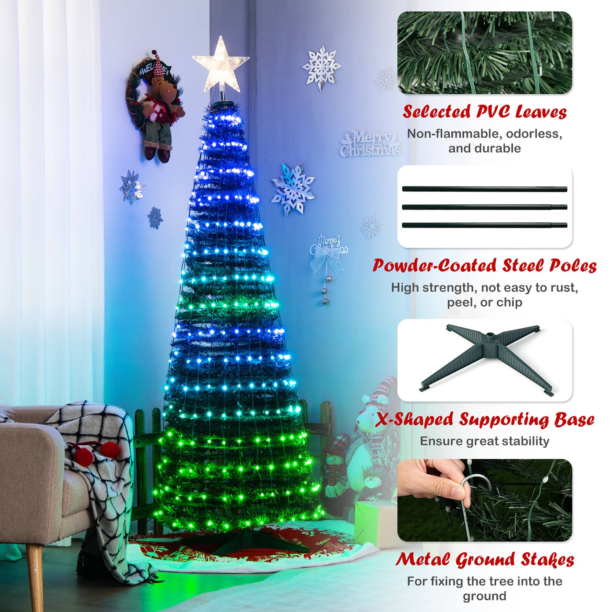 The text on the image has been grouped and corrected as follows:
1. Selected PVC Leaves: Non-flammable, odorless, Christmas and durable.
2. Powder-Coated Steel Poles: High strength, not easy to rust, peel, or chip.
3. X-Shaped Supporting Base: Ensure great stability.
4. Metal Ground Stakes: For fixing the tree into the ground.