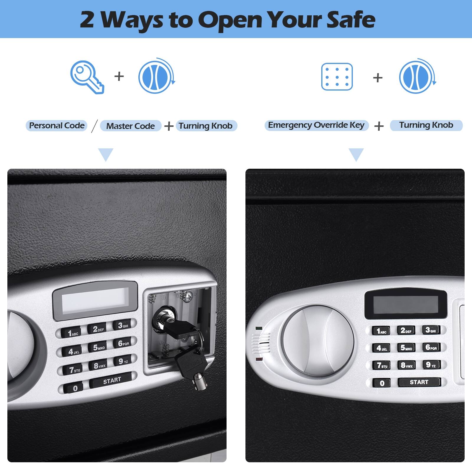 2 Ways to Open Your Safe

Personal Code / Master Code + Turning Knob

Emergency Override Key + Turning Knob