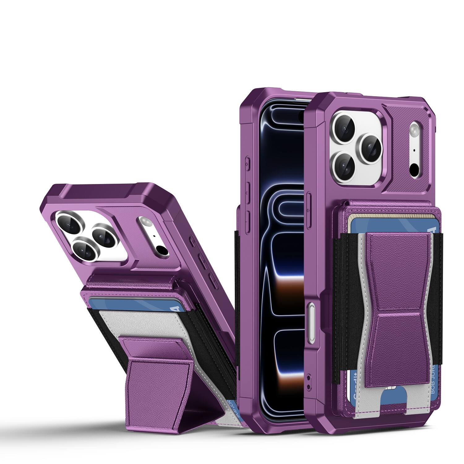 Angle. Dteck - Rugged Wallet Case for Apple iPhone 17 Pro Max, Shockproof Protective Cover with Elastic Card Holder and Kickstand - Purple.