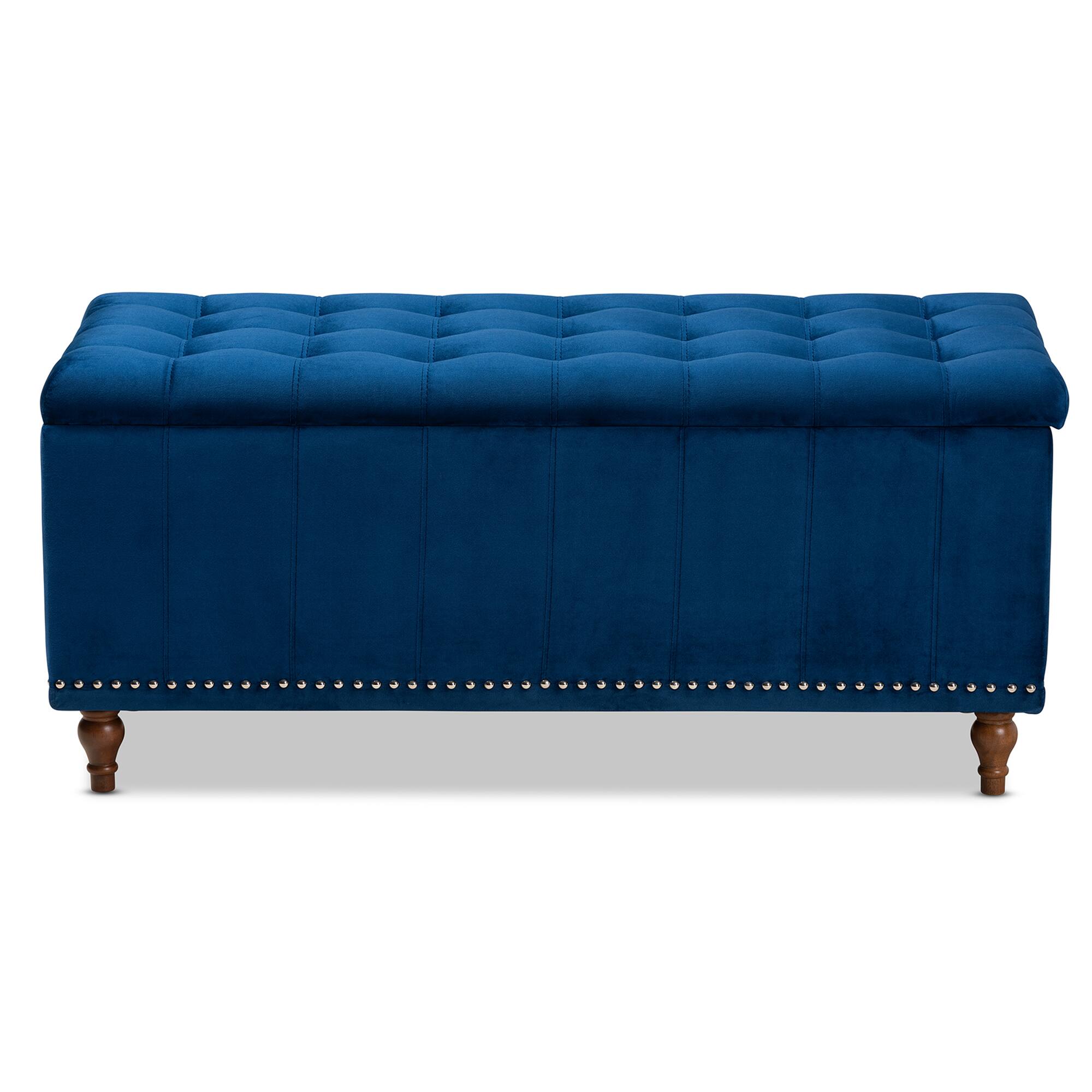 Left. Baxton Studio - Kaylee Modern and Contemporary Velvet Fabric Upholstered Button-Tufted Storage Ottoman Bench - Navy Blue/Brown.