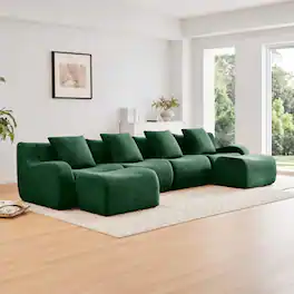 Aukfa - Modular Teddy Fabric Sofa - 4-Seat Sectional with 2 Ottomans, Soft Boneless Design for Living Room - Green