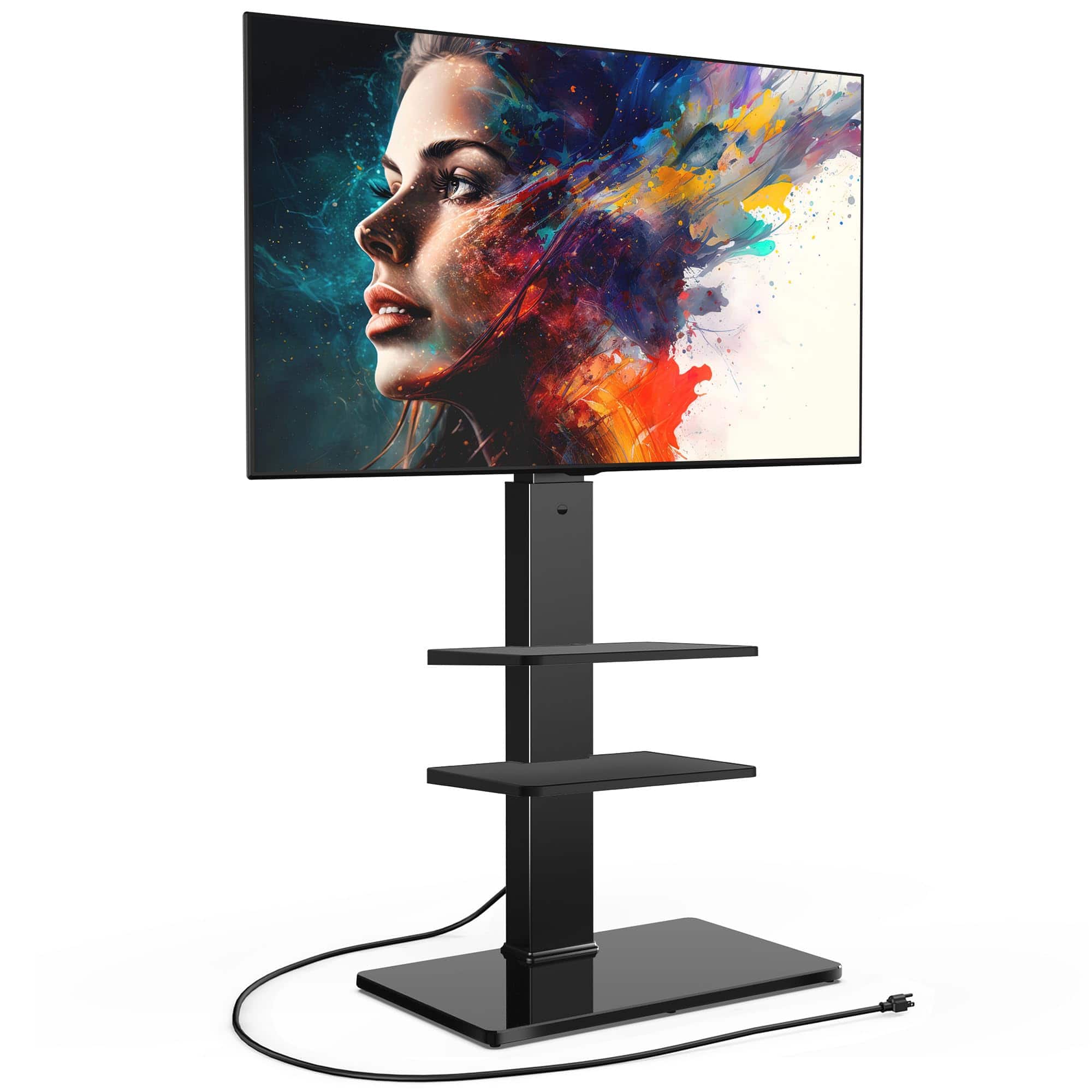 Hanke - Floor Tv Stand For 32- With Power Outlet Tall Mount Bedroom Living Room Tempered Glass Base Holds Up To Max - Black With Power Strip