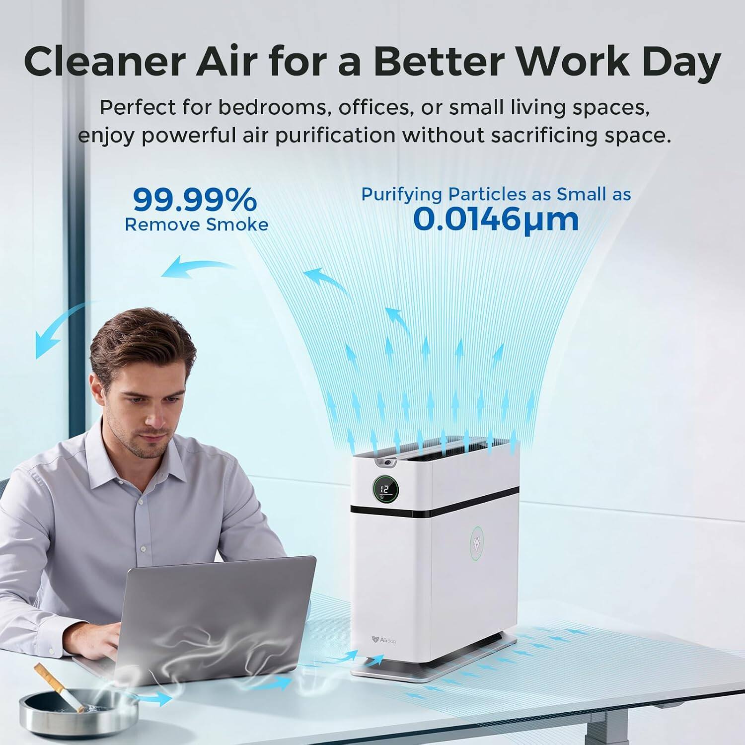 Cleaner Air for a Better Work Day  
Perfect for bedrooms, offices, or small living spaces, enjoy powerful air purification without sacrificing space.  

99.99% Remove Smoke  
Purifying Particles as Small as 0.0146µm