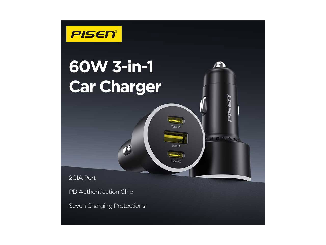 PISEN  
60W 3-in-1 Car Charger  
Type-C1  
USB-A  
Type-C2  
2C1A Port  
PD Authentication Chip  
Seven Charging Protections