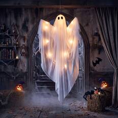 Front. Joyfy - 47" LED Light Hanging Ghost Halloween Decoration – Warm White Glow for Indoor, Outdoor, Yard & Lawn Displays - White.