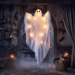 Joyfy - 47" LED Light Hanging Ghost Halloween Decoration – Warm Glow for Indoor, Outdoor, Yard & Lawn Displays - White