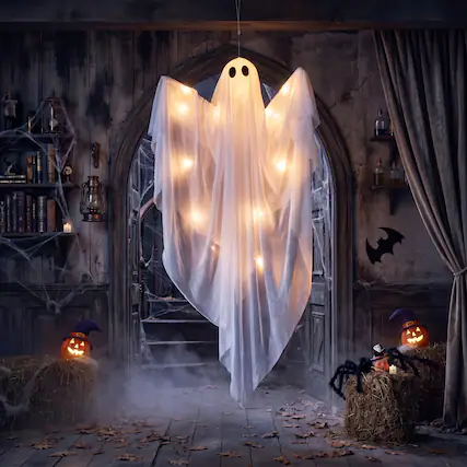 Front. Joyfy - 47" LED Light Hanging Ghost Halloween Decoration – Warm White Glow for Indoor, Outdoor, Yard & Lawn Displays - White.