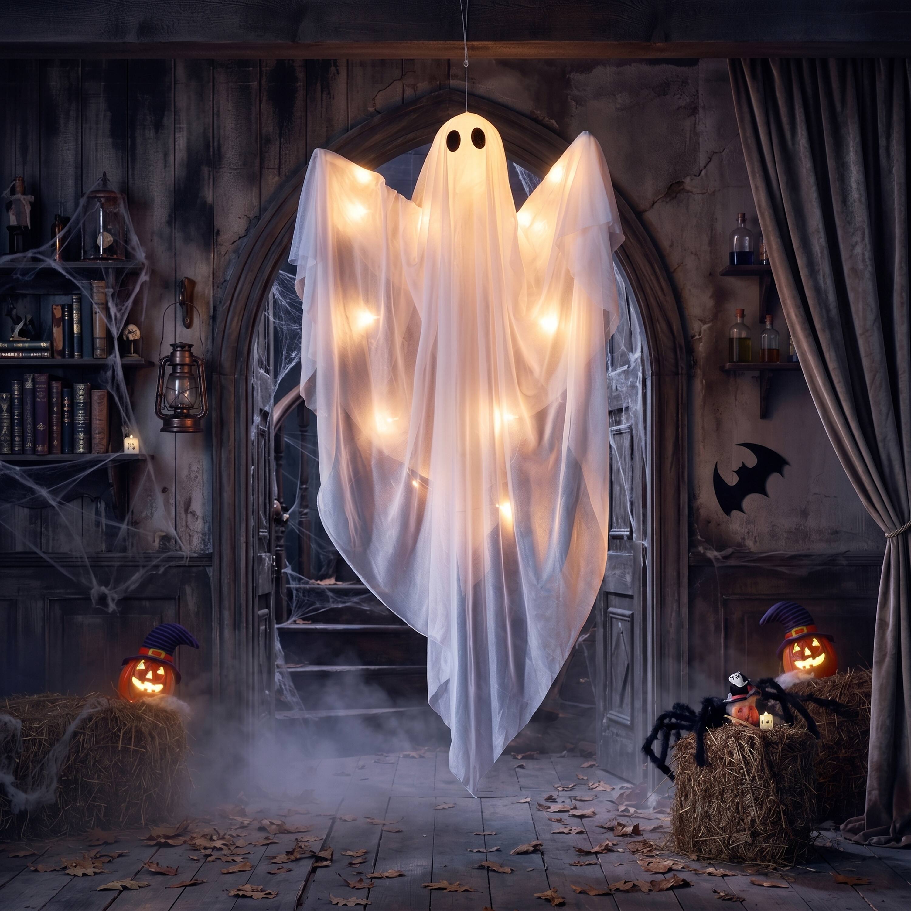 Front. Joyfy - 47" LED Light Hanging Ghost Halloween Decoration – Warm White Glow for Indoor, Outdoor, Yard & Lawn Displays - White.