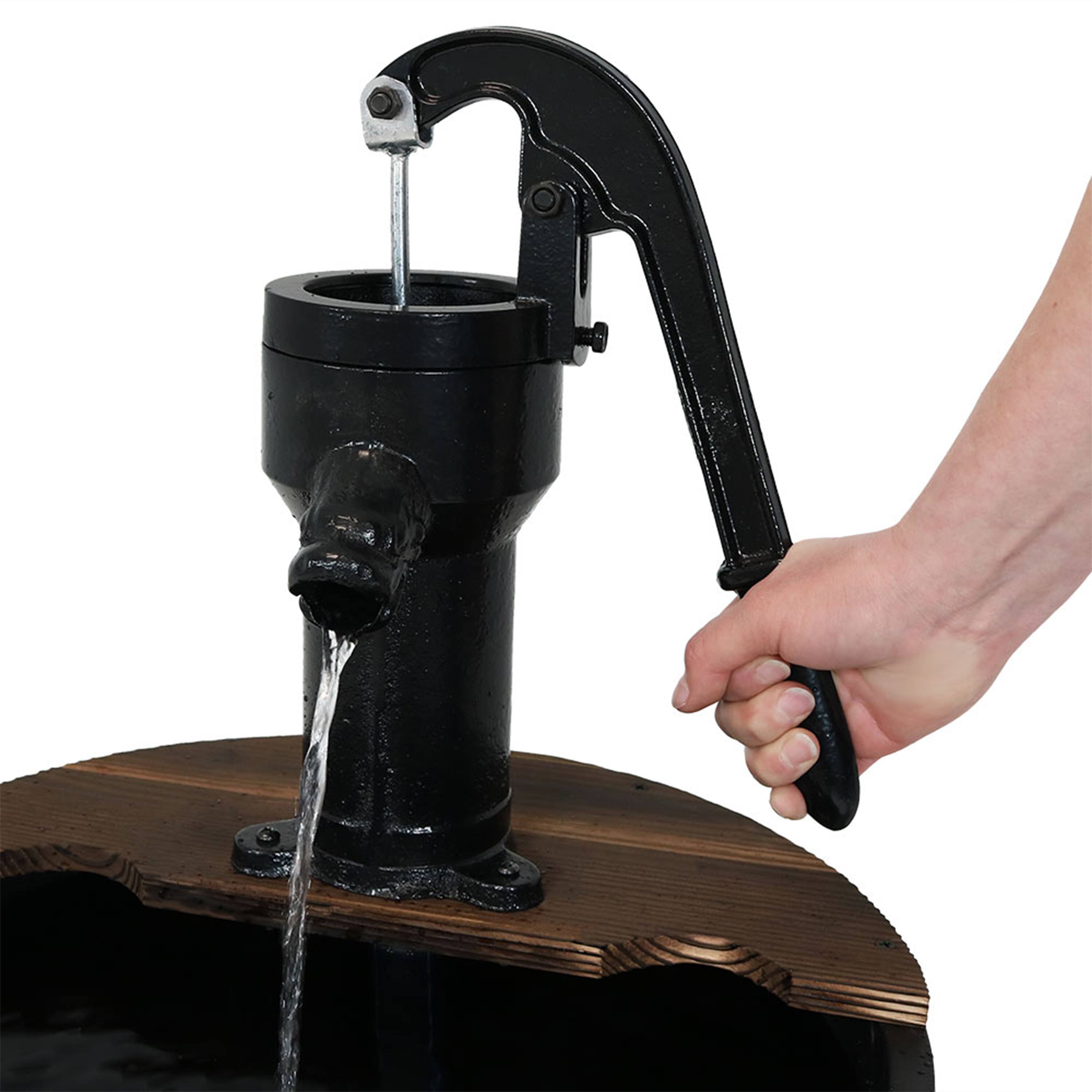 Alt View 9. Sunnydaze - Rustic 2-Tier Wood Barrel Water Fountain with Hand Pump - 34 in - Brown.