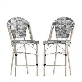 Emma + Oliver - Massalia Indoor/Outdoor Bistro Style Counter Stools with Textilene Seat and Metal Frame - Black & White/Light Natural Frame