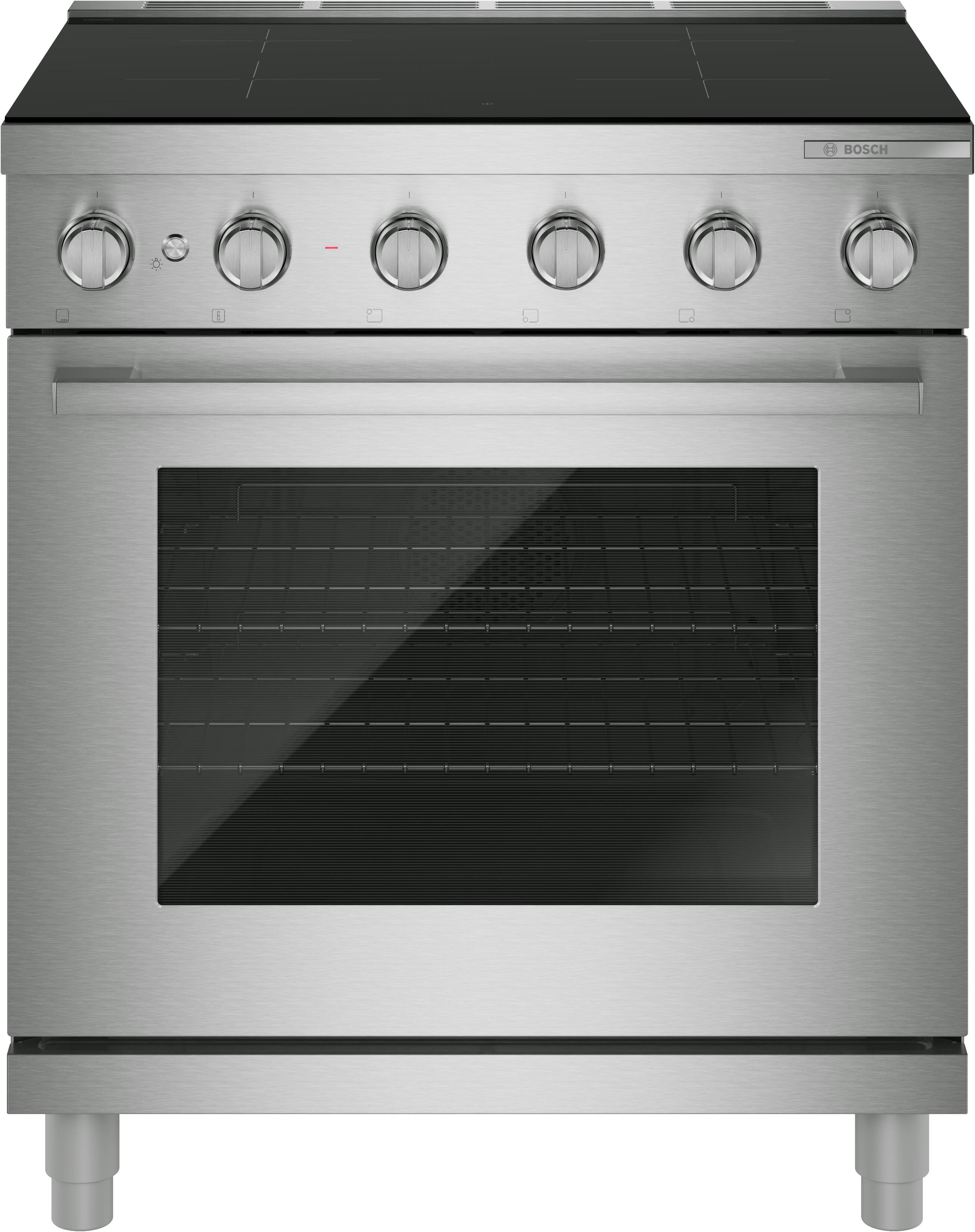 Front. Bosch - 500 Series 30 in. Wide 4.7 Cu. Ft. Industrial Style Electric Induction Range with 4 Elements - Stainless Steel.