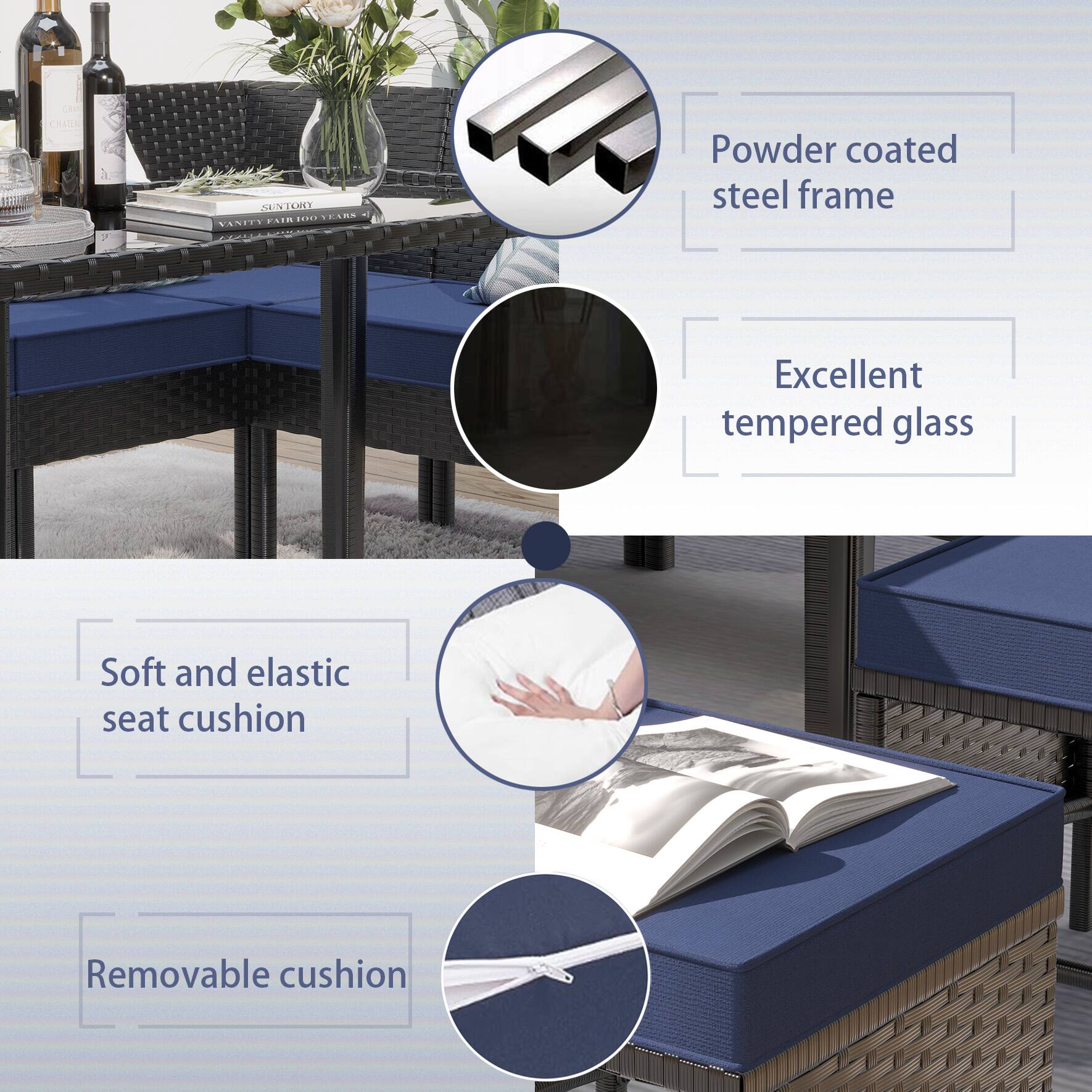 Powder coated steel frame, Excellent tempered glass, Soft and elastic seat cushion, Removable cushion