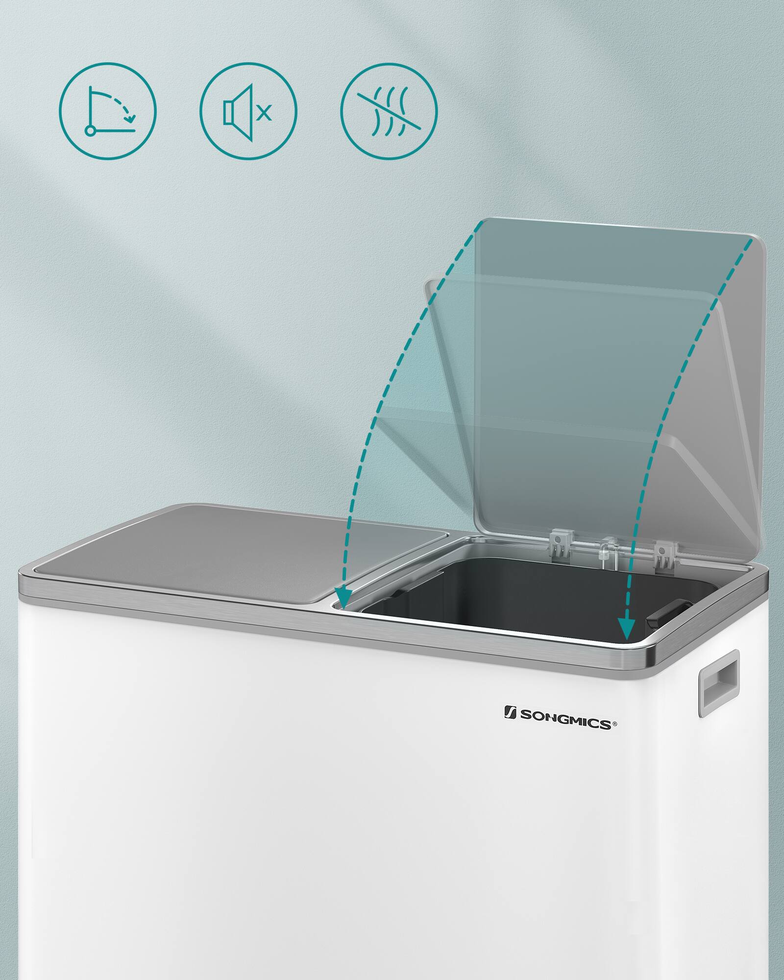Alt View 2. Songmics Home - Trash Can, 2 x 8 Gallon (2 x 30 L) Garbage Can for Kitchen, with 15 Trash Bags, 2 Compartments - White and Gray.