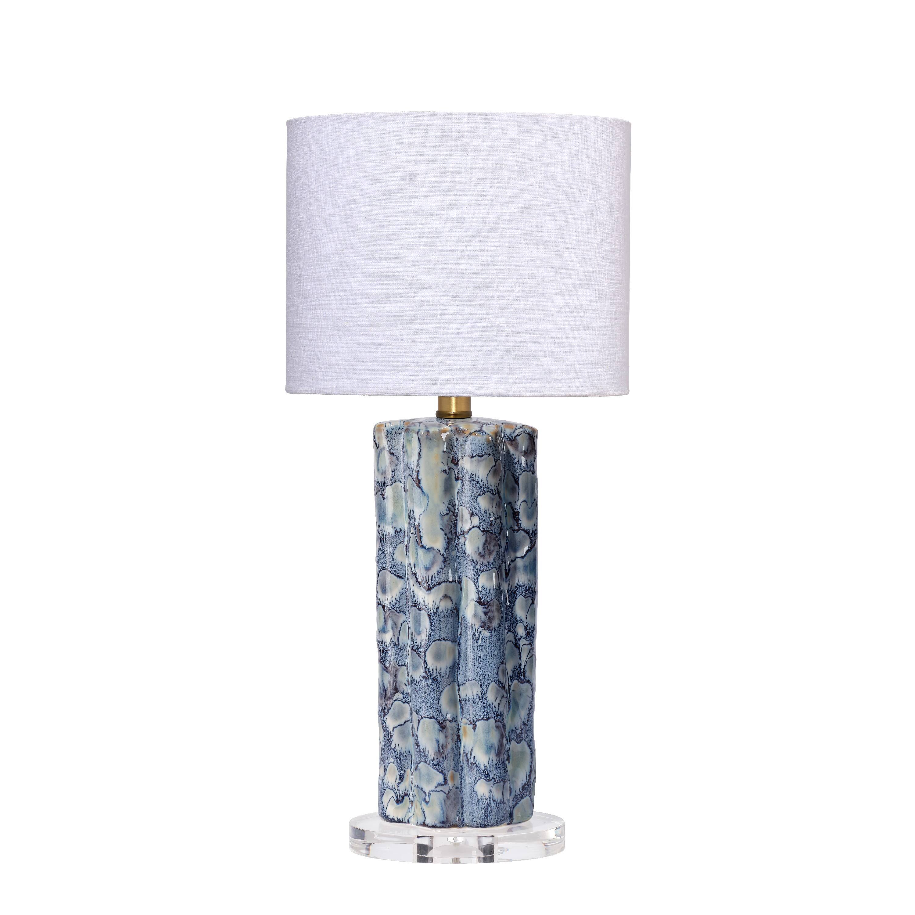 Front. Manhattan Lane - Flix Accent Table Lamp, 23 Inch, Linen, Scalloped Ceramic - Blue, White, Clear, Gold.