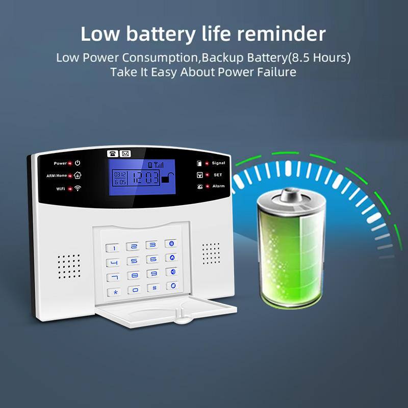 Low battery life reminder  
Low Power Consumption, Backup Battery(8.5 Hours)  
Take It Easy About Power Failure  

ARM/Home  
WIFI  

03:12  
12:03  
6.05  

Signal  
SET  
Alarm  

1 2 3  
4 5 6  
7 8 9  
* 0 #