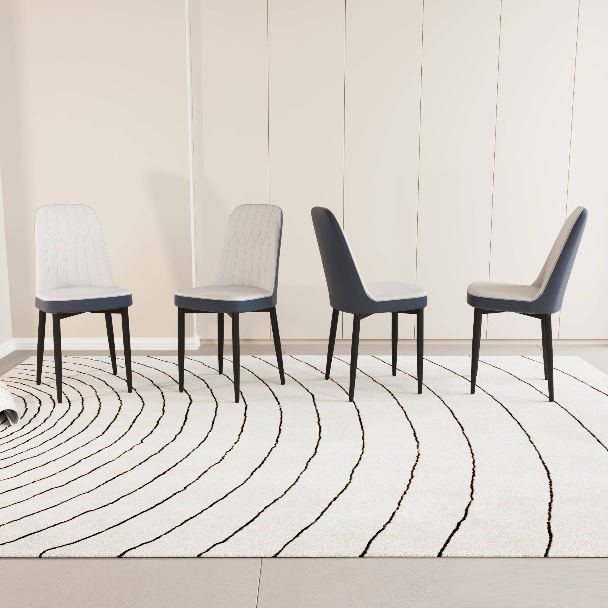 Back. Tiramisubest - Modern Style Dining Chair Set of 4, High-Quality PU Leather with Thick Cushions, Black Metal Legs, White and Blue - White.