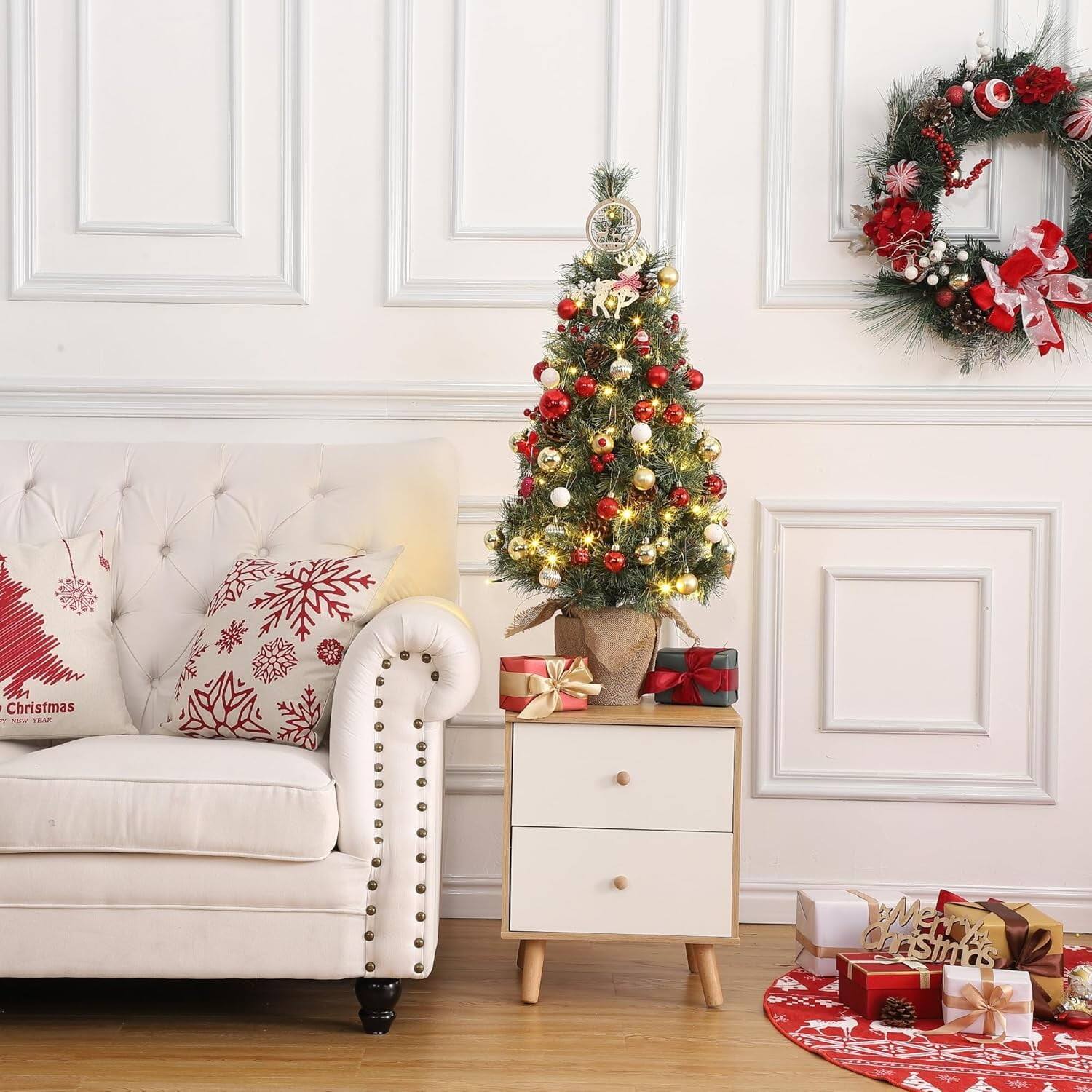 Back. GARVEE - 3ft Pre-Lit Christmas Tree, Tabletop with 78 Warm White LED Lights, Berry Clusters, Battery Operated Decor - Green 3ft.