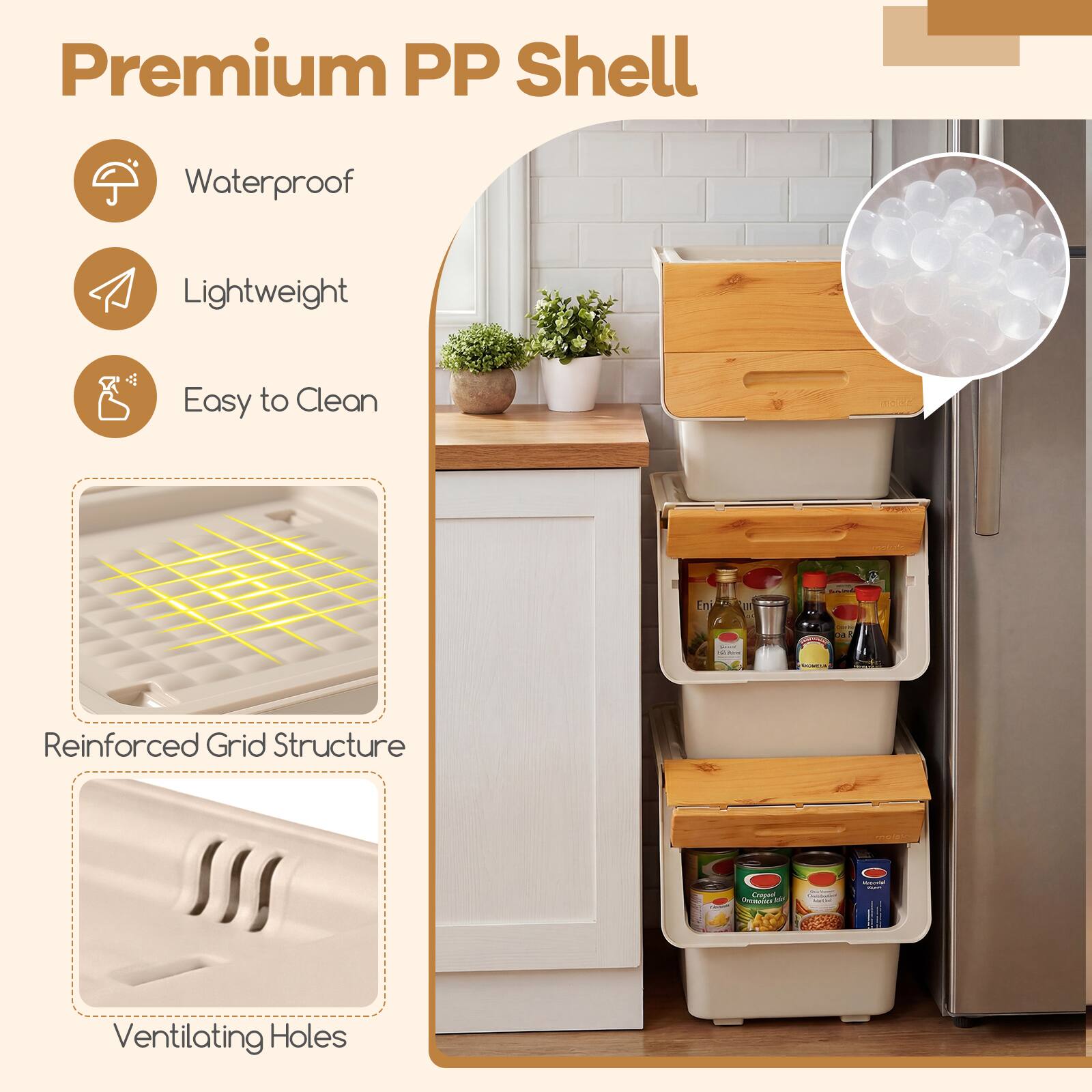 Premium PP Shell

- Waterproof
- Lightweight
- Easy to Clean

Reinforced Grid Structure

Ventilating Holes