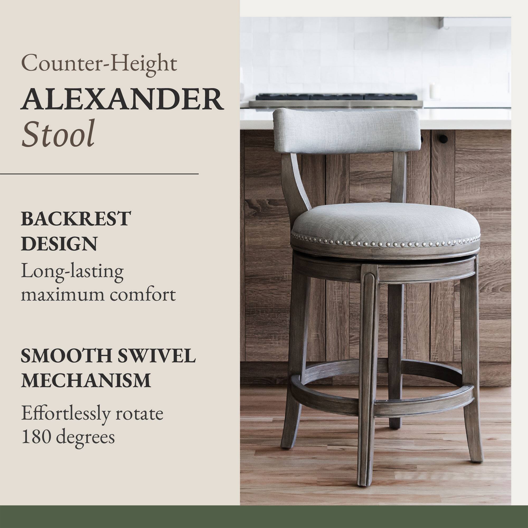 Counter-Height ALEXANDER Stool

BACKREST DESIGN
Long-lasting maximum comfort

SMOOTH SWIVEL MECHANISM
Effortlessly rotate 180 degrees