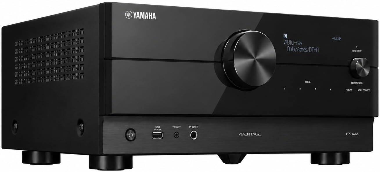 YAMAHA Blu-ray Dolby Atmos/DTHD Dolby -40.06B PURE DIRECT SCENE SELECT ENTER 5 : 3 4 RETURN MENU CONNECT US8 A- "YO? PHONES AVENTAGE RX-A2A