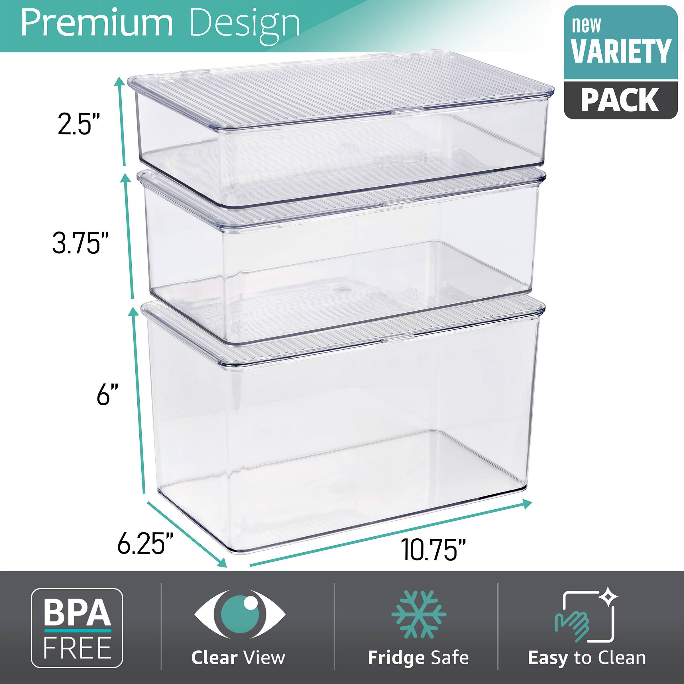 Premium Design

new VARIETY PACK

2.5"  
3.75"  
6"  
6.25"  
10.75"

BPA FREE  
Clear View  
Fridge Safe  
Easy to Clean