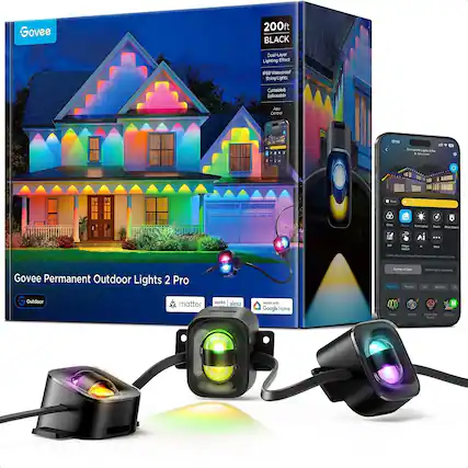 Govee
200ft BLACK
Dual-Layer Lighting Effect P68 Waterproof String Lights
Cuttable & Spliceable
App Control
17:11
Permanent Lights I Connected
-
Color
Sove Elumination Maic OUT Space
DIY
Reger sketch
AI E
Store
Copley Kensing ighing effects Source Tv selected
Govee Permanent Outdoor Lights 2 Pro G Outdoor matter
works alexa
wis with Google Home
Central lights Natural festival fornt Augua
Control lights servately . Spothing Mopic Jue Do & FOODLE