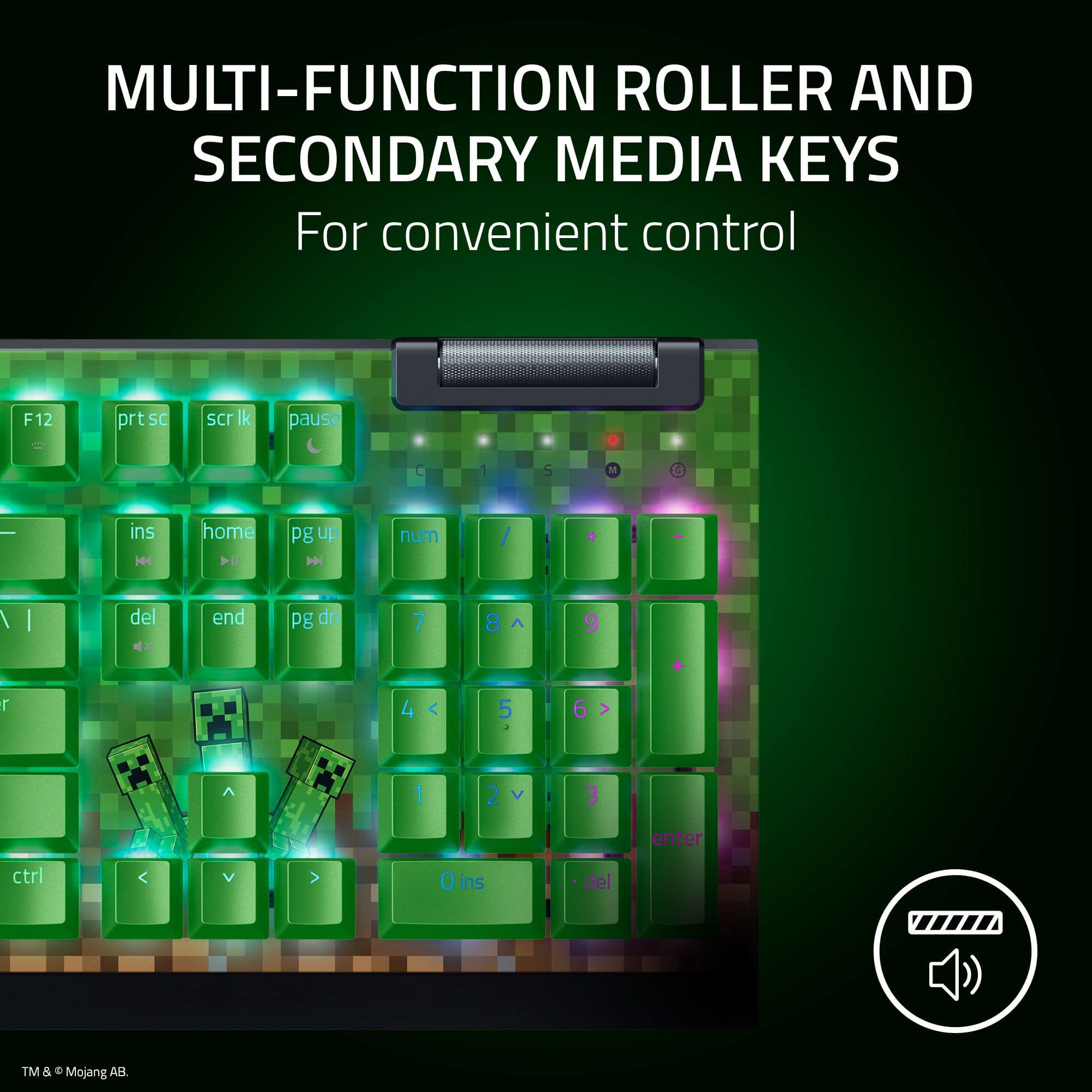 MULTI-FUNCTION ROLLER AND SECONDARY MEDIA KEYS For convenient control F12, prt SC, scr, Ik pause, Ctrl, Shift, Ins, Home, End, Page Up, Page Down, Num /, *, del, end, Page Up, Page Down, 7, 8, 9, +, r, 4, 5, 6, 1, 2, V, 3, enter, ctrl, V, 0, Oins, del, TM S C Mojang AB