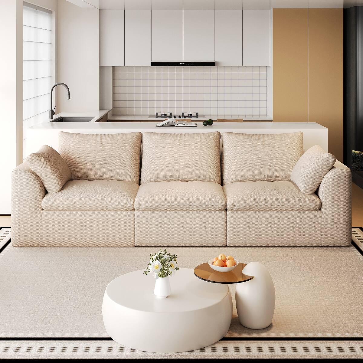 Front. Ropilly - Ropilly Cloud Sofa 108.3 in Khaki Linen Fabric 3 Seater Straight Couch with Removable Covers for Living Room - Khaki.