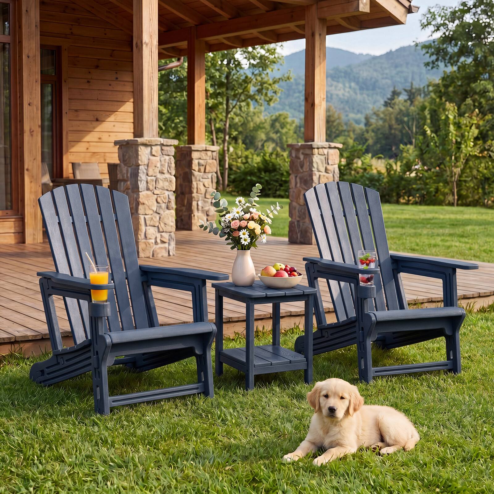 Alt View 1. Costway - Costway HDPE Adirondack Chair Set of 4 with Cup Holder, Wood-Like Texture, High Backrest - Blue.