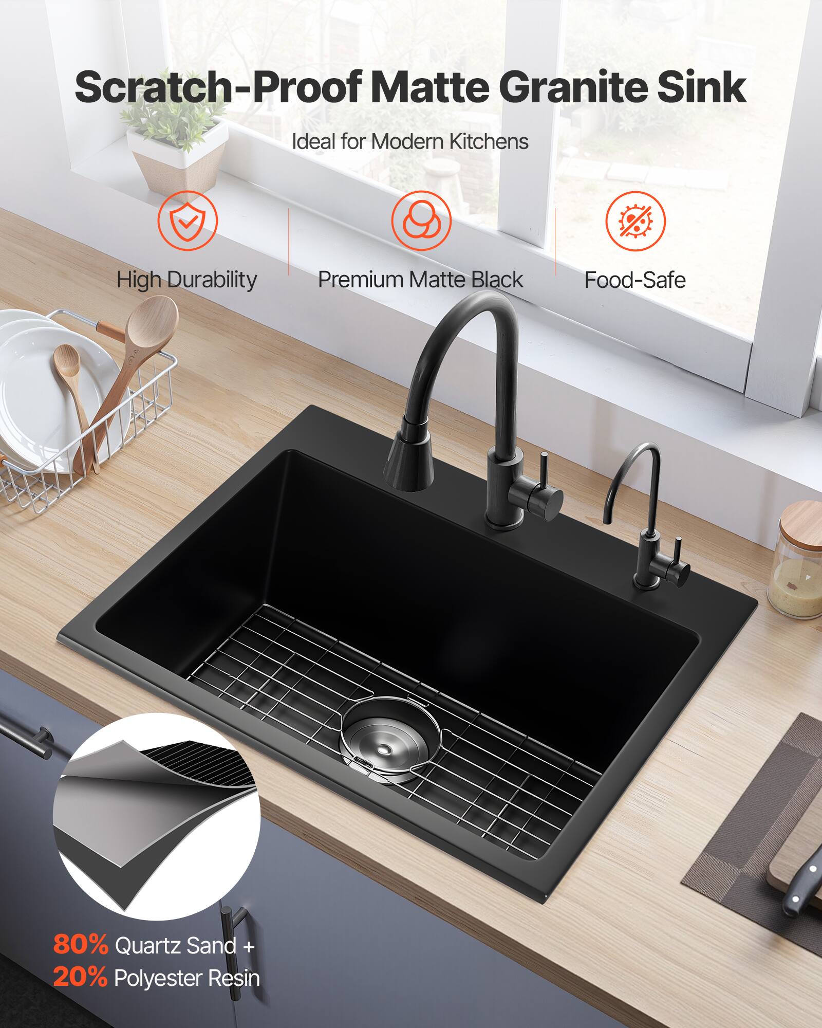 Scratch-Proof Matte Granite Sink  
Ideal for Modern Kitchens  

- High Durability  
- Premium Matte Black  
- Food-Safe  

80% Quartz Sand + 20% Polyester Resin