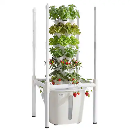 Front. VEVOR - Hydroponic Tower, 30 Pods 6 Tiers Hydroponics Growing System Kit with LED Grow Light & App Control, Vertical Home Garden - White.