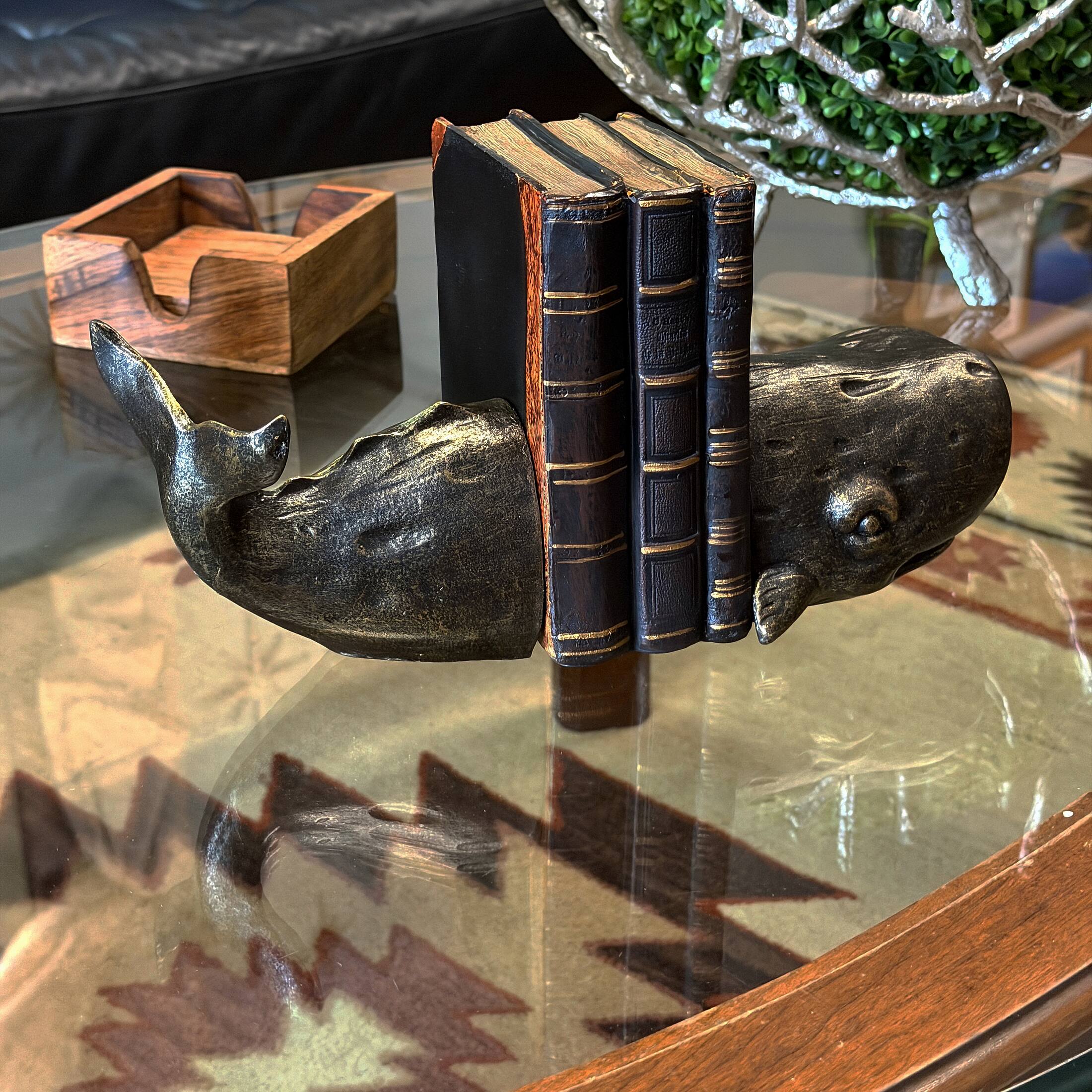 Alt View 6. Zeckos - Sperm Whale Decorative Bookend Set Weathered Bronze Resin 10 Inch Coastal Pair - Bronze.
