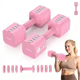 FEIERDUN - 5-in-1 Adjustable Dumbbell Set of 2, 1pair 6LBS Hand Weights for Women, 1s-Adjust Dual-Stable Dumbbell Set - Pink