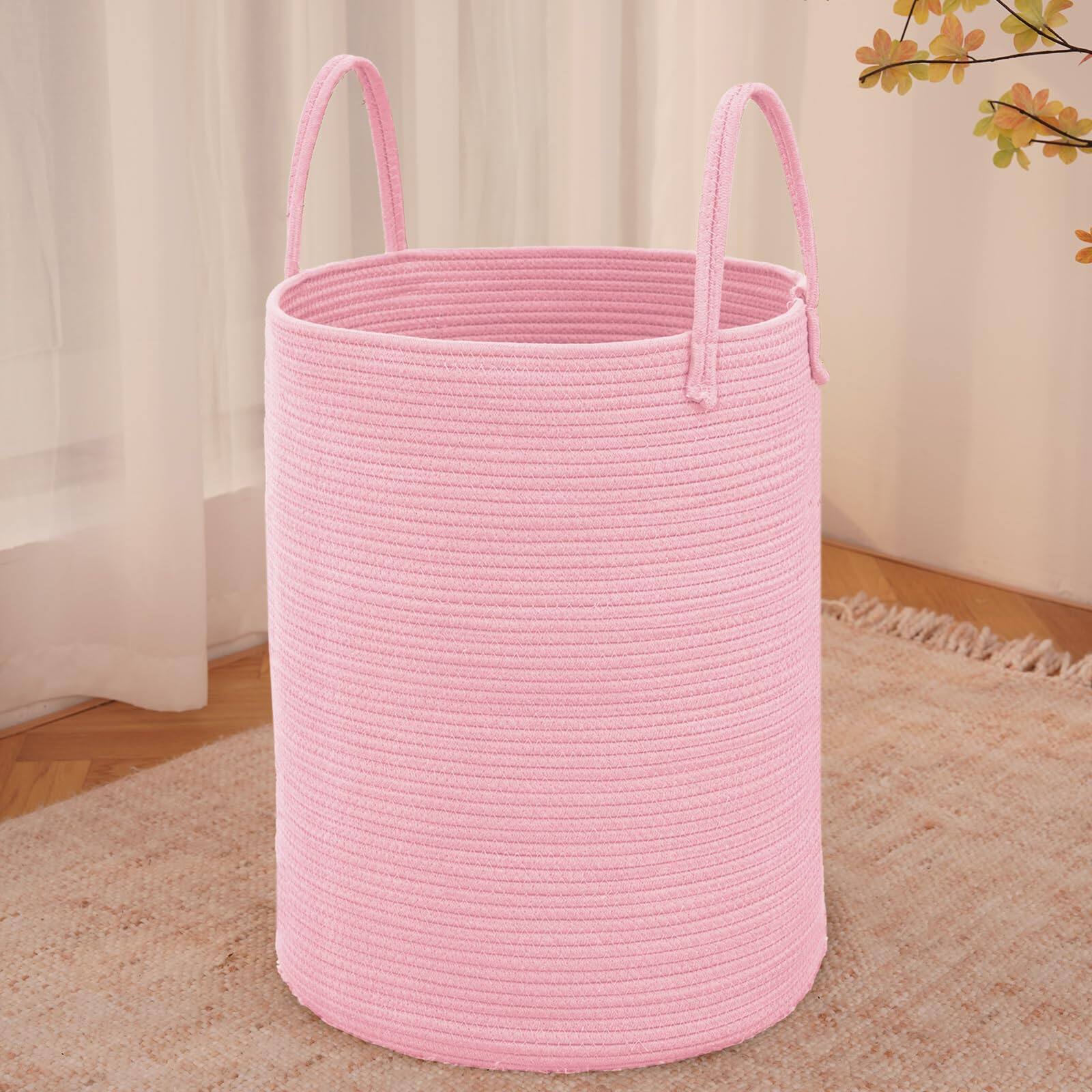 Front. Dapper Styles - Woven Laundry Basket Hamper 60l Cotton Rope Storage Bin For Blankets Toys And Clothes Decorative Tall Livin... - Pink-60L.