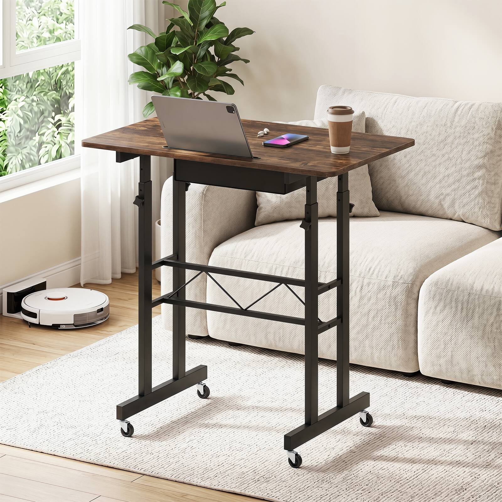 Alt View 3. Costway - Costway Standing Desk, Height Adjustable Laptop Desk with Fabric Drawer, Tablet Holder - Rustic Brown & Black.
