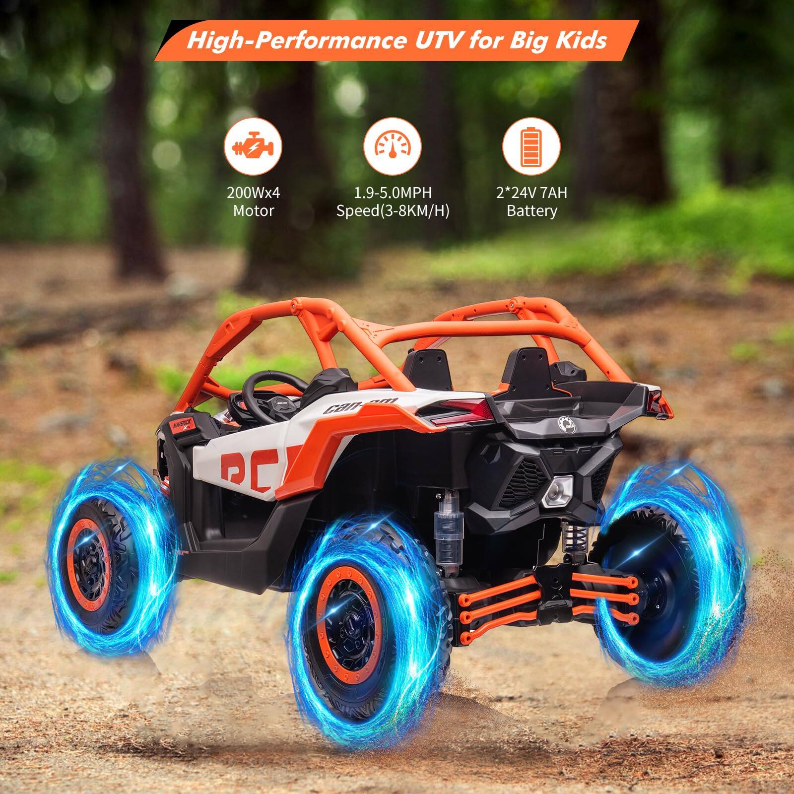 High-Performance UTV for Big Kids

- 200Wx4 Motor
- 1.9-5.0MPH Speed (3-8KM/H)
- 2x24V 7AH Battery