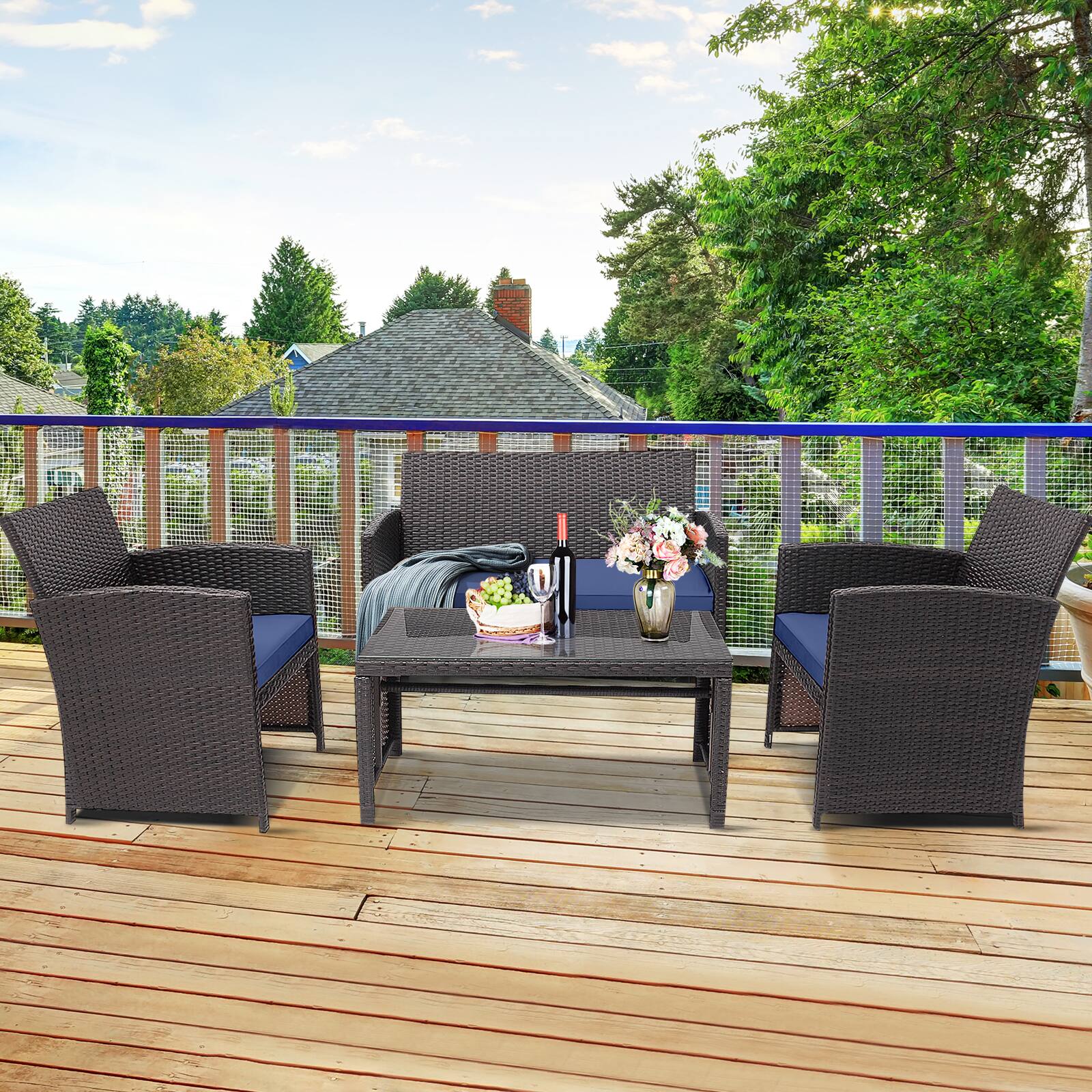 Alt View 4. Gymax - Gymax 4PCS Patio Conversation Set Outdoor Rattan Furniture Set w/ Navy Cushions - Navy.