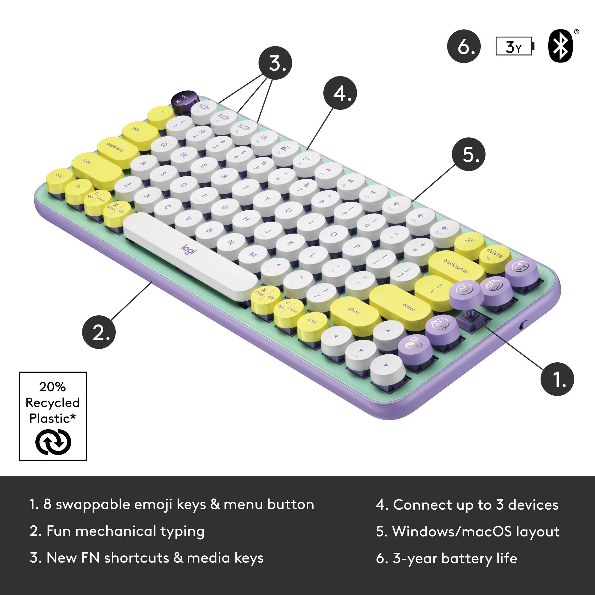 1. 1. 8 swappable emoji keys & menu button
2. Fun mechanical typing
3. New FN shortcuts & media keys
4. Connect up to 3 devices
5. Windows/macOS layout
6. 3-year battery life
7. 20% Recycled Plastic