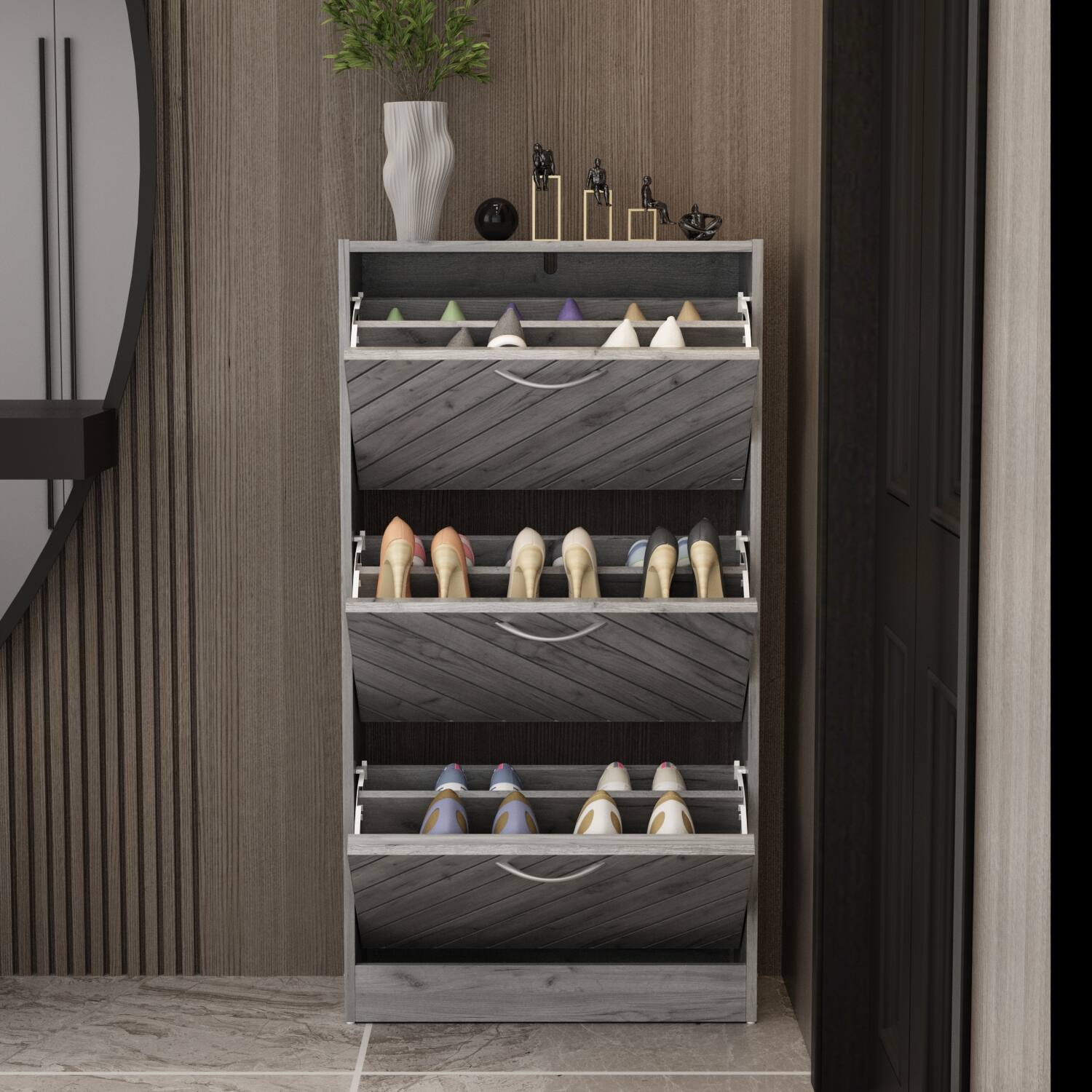 Alt View 7. Famapy - Famapy Flip - Down Shoe Cabinet Rustic Style Shoe Rack Multi - Tiered Storage - Gray.