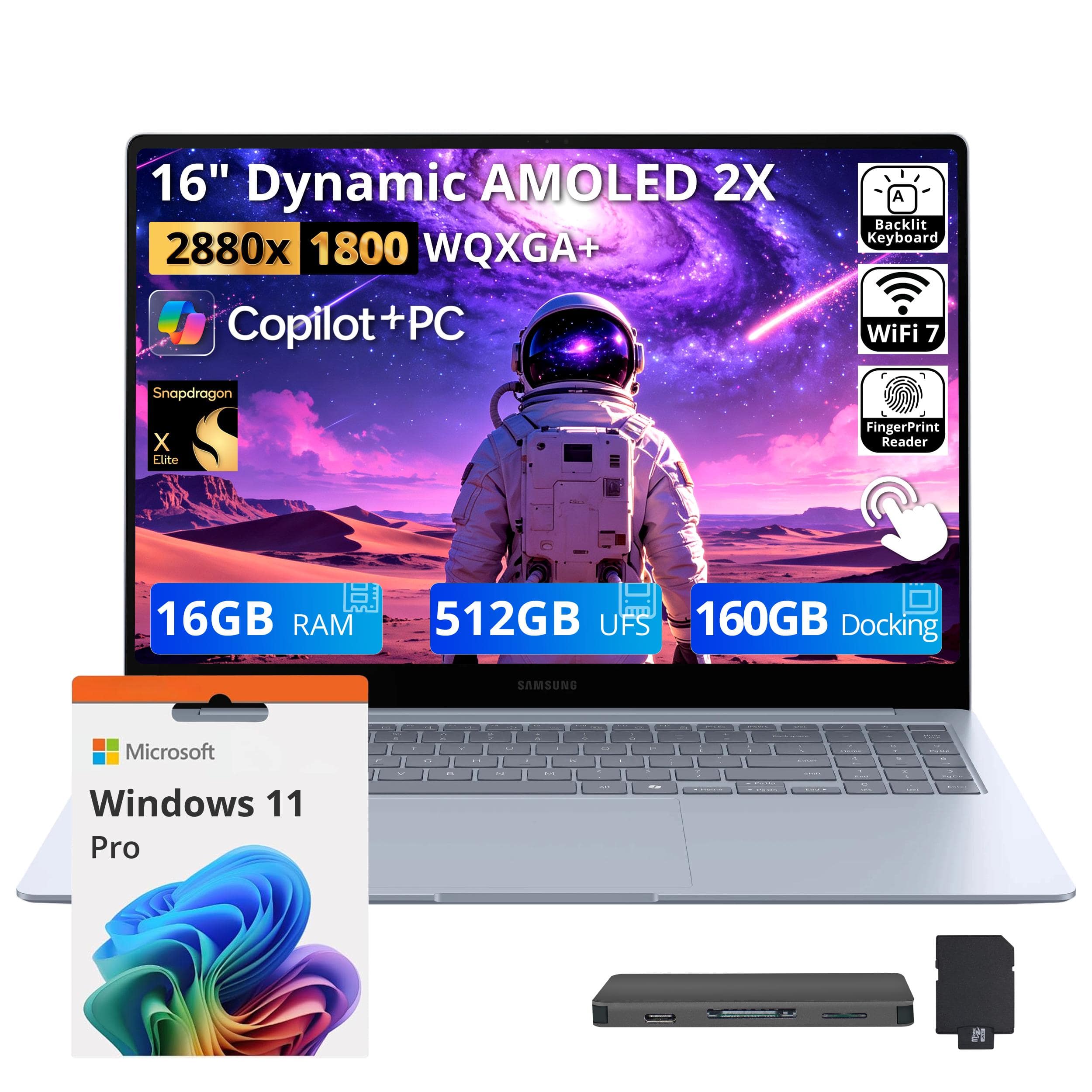 Samsung - Upgraded - Galaxy Book4 Edge 16" AMOLED Touch Laptop,Snapdragon X Elite,16GB RAM,512GB UFS+160GB Dock,Backlit,Fingerprint,Win11 Pro - Sapphire Blue