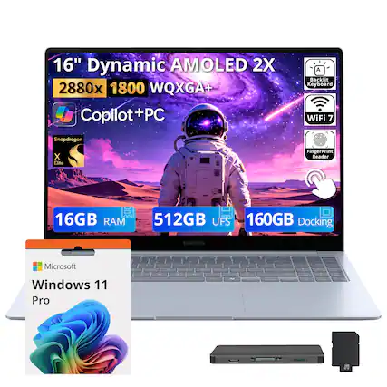 16" Dynamic AMOLED 2X
2880x 1800 WQXGA+
Copilot+PC
Backlit Keyboard
WiFi 7
Snapdragon X Elite
FingerPrint Reader
16GB RAM
512GB UFS
160GB Docking
SAMSUNG
Microsoft Windows 11 Pro