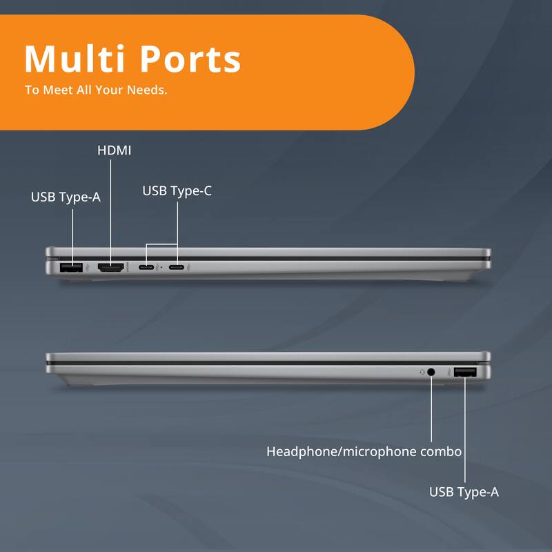Multi Ports To Meet All Your Needs. HDMI USB Type-A USB Type-C Headphone/microphone combo USB Type-A