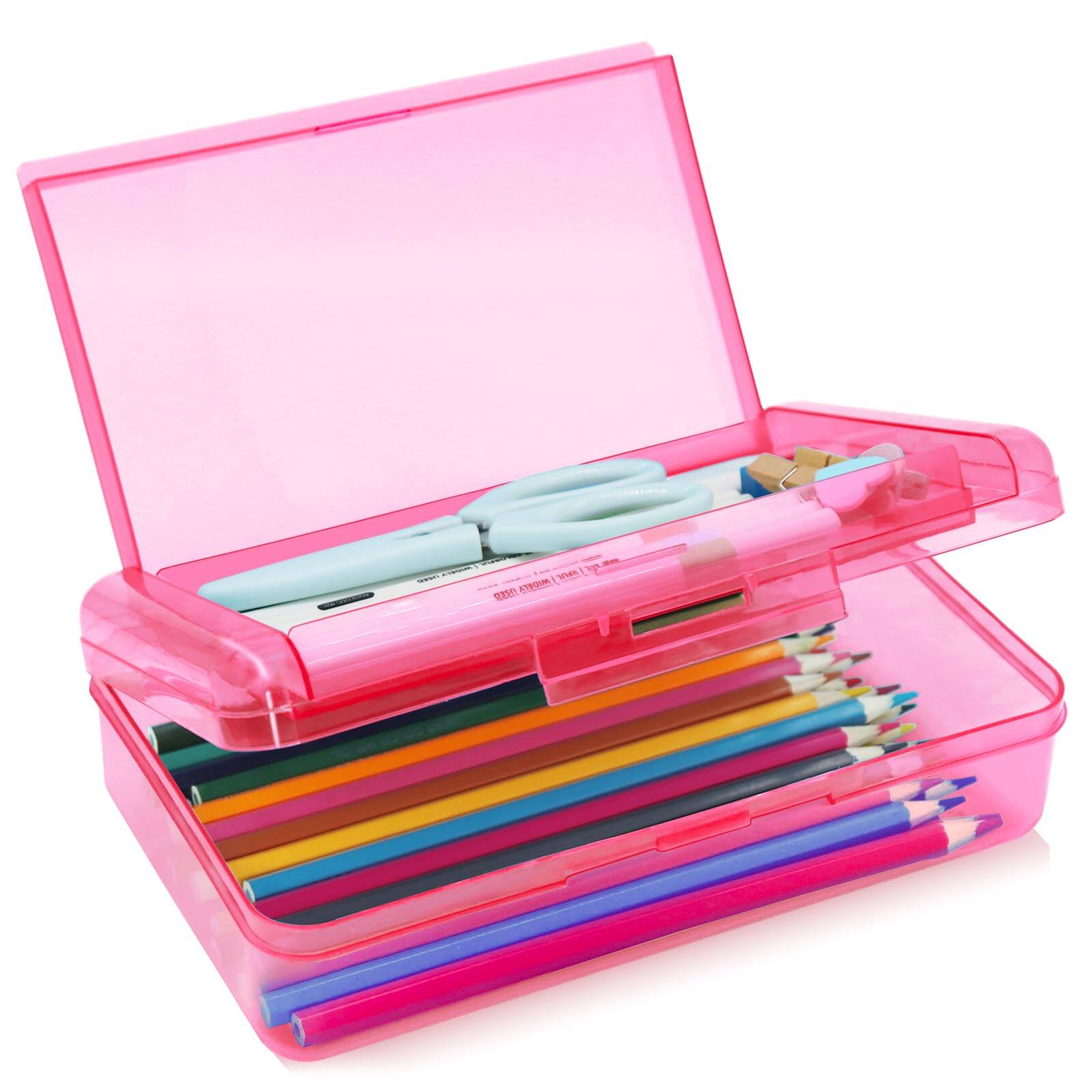 Dapper Styles - Hard Pencil Cases Plastic Translucent Box With Lid For Pens Pencils School Stylish Office Supplies Storage Organizer - Dark Pink