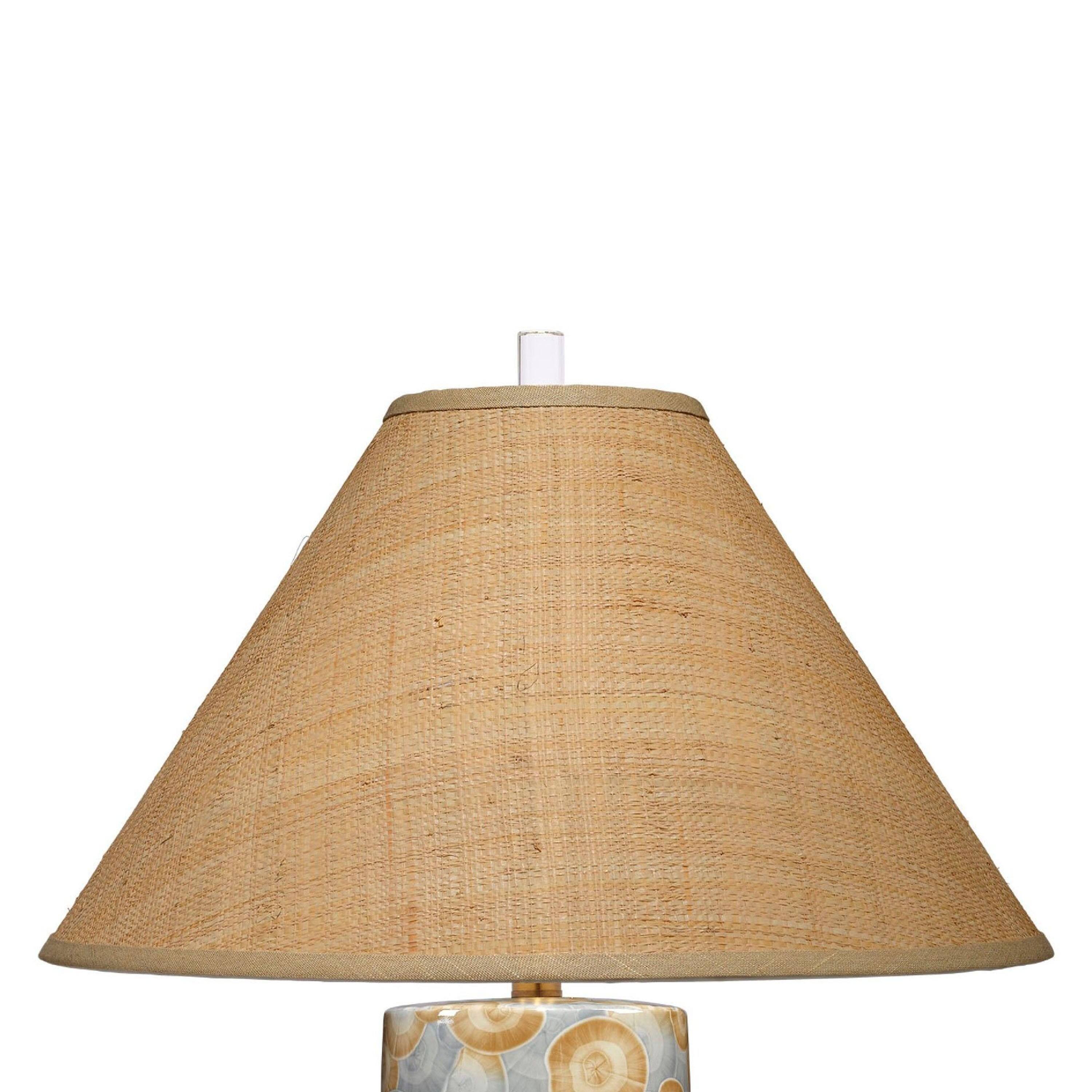 Left. Manhattan Lane - Eriy Accent Table Lamp, Raffia Cone Shade, Abstract 29 Inch - Blue, Natural Brown.
