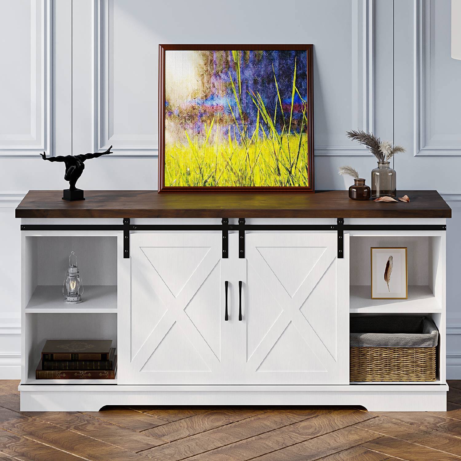 Front. Acekool - Farmhouse TV Stand for 65 Inch TV Media Console Cabinet, Brown + White - White.