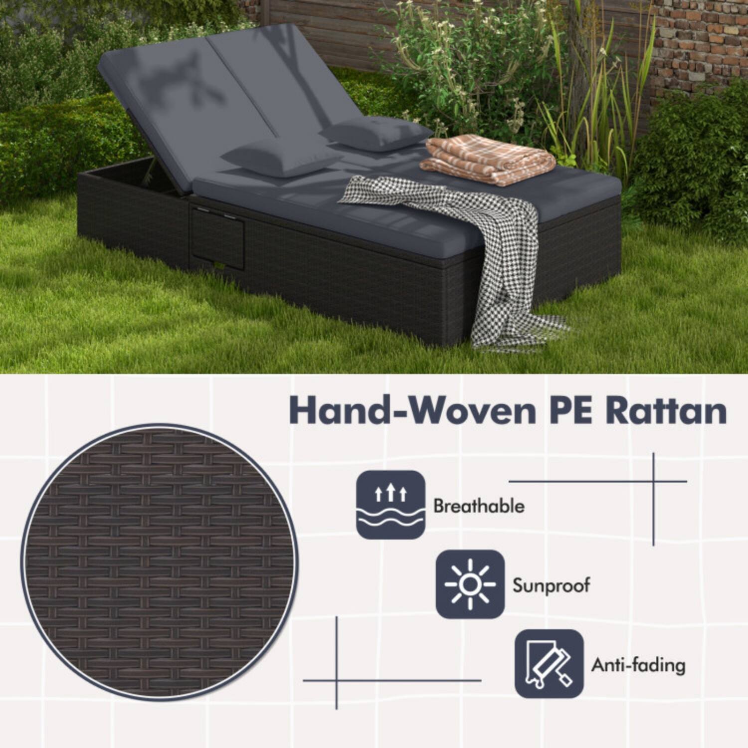 Hand-Woven PE Rattan  
Breathable  
Sunproof  
Anti-fading
