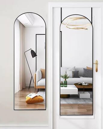 Front. Hirose Alice - Arched Full Length Mirror Floor Mirror with Stand Freestanding Wall Mounted Hanging or Leaning Arched Top.